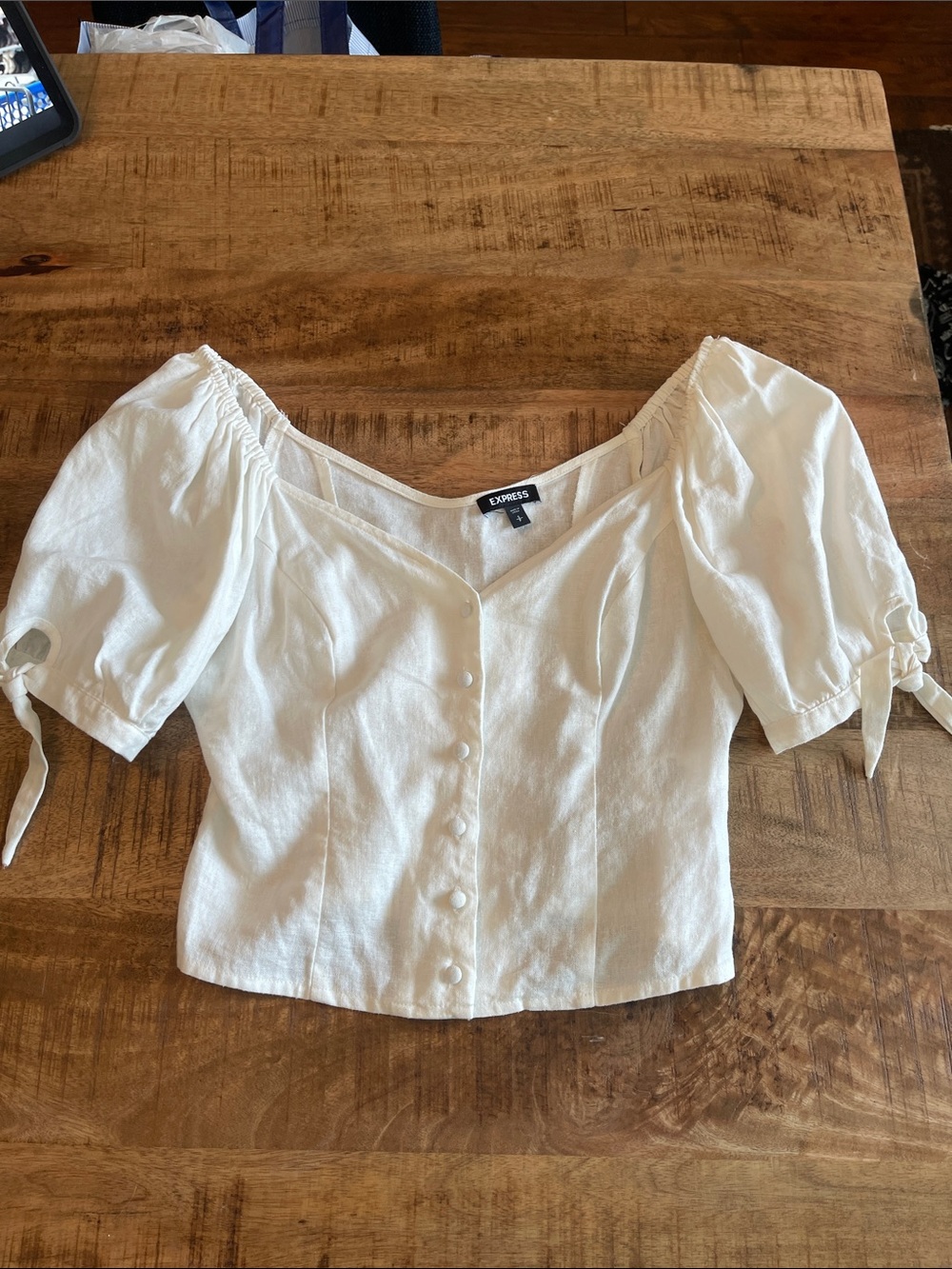 Express Linen Blend Off the Shoulder Puff Sleeve Top Button Cottage Renaissance